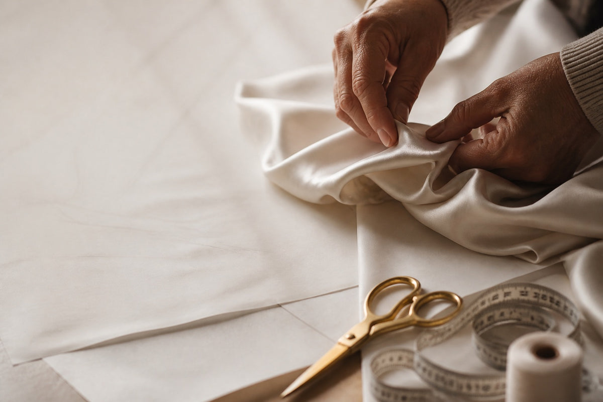 Hands shaping and pinning satin for a custom dress in the FARIKA atelier