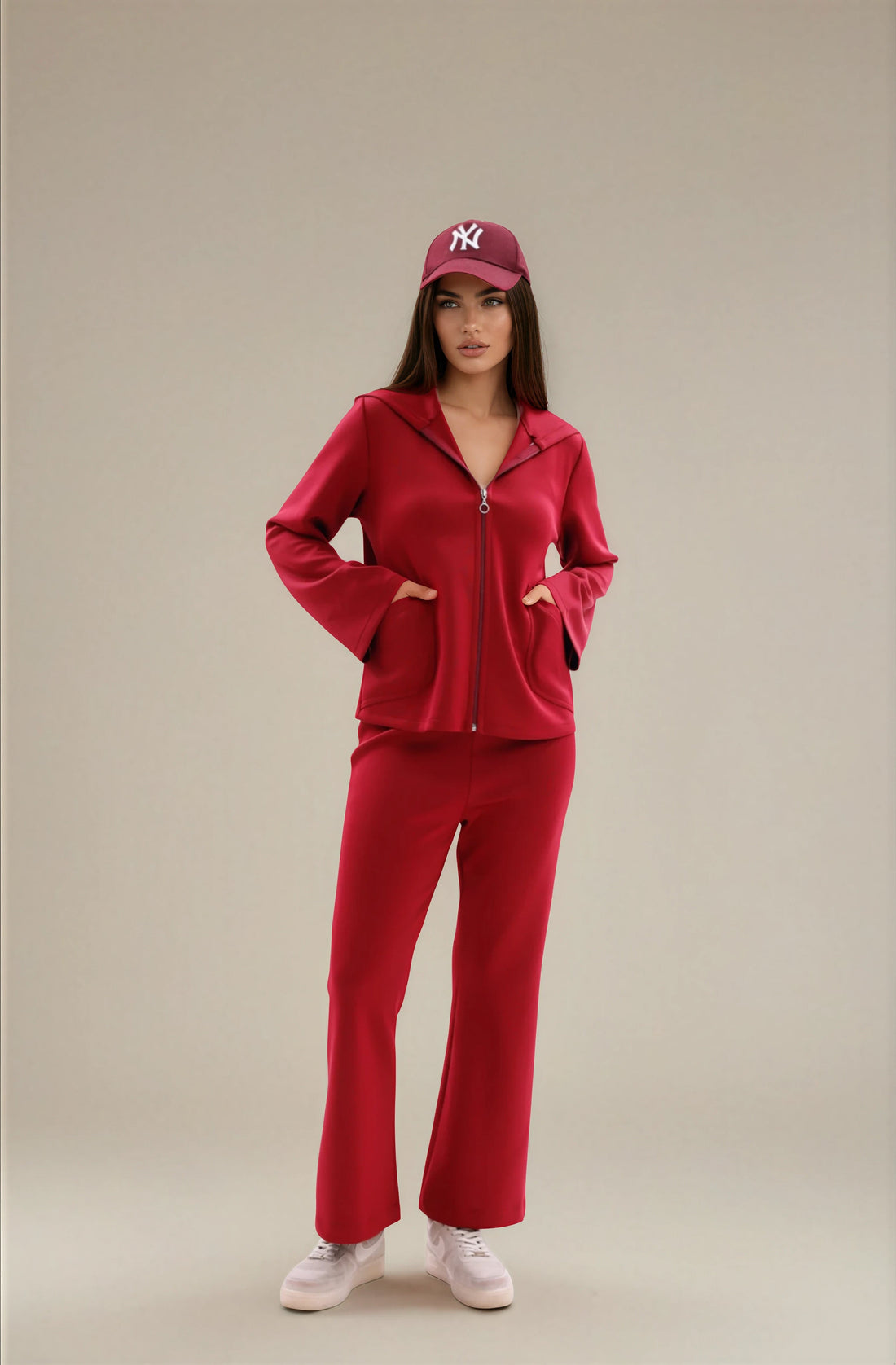 FARIKA Ebabil hooded zip set in Crimson Red, front view
