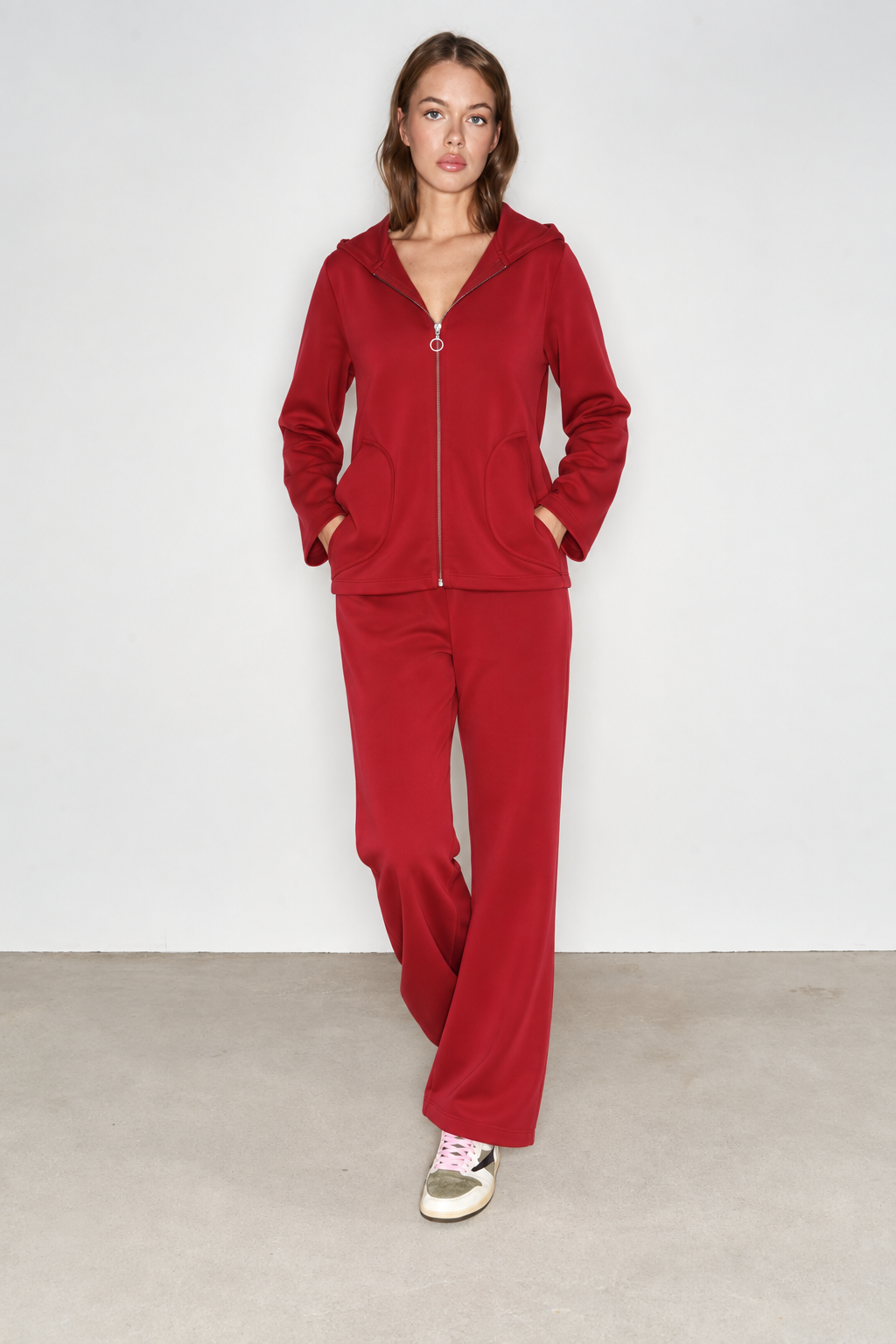 FARIKA Ebabil hooded zip set in Crimson Red, front view