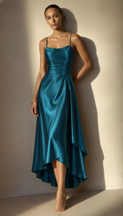 FARIKA Hezar satin dress in Bosphorus Teal, front view