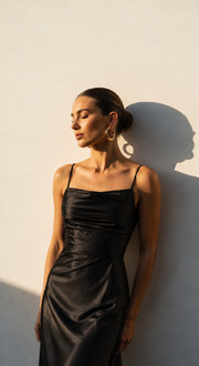 FARIKA Hezar satin dress in Midnight Black, front view