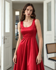 FARIKA Huma satin evening dress in Coral Red, front view