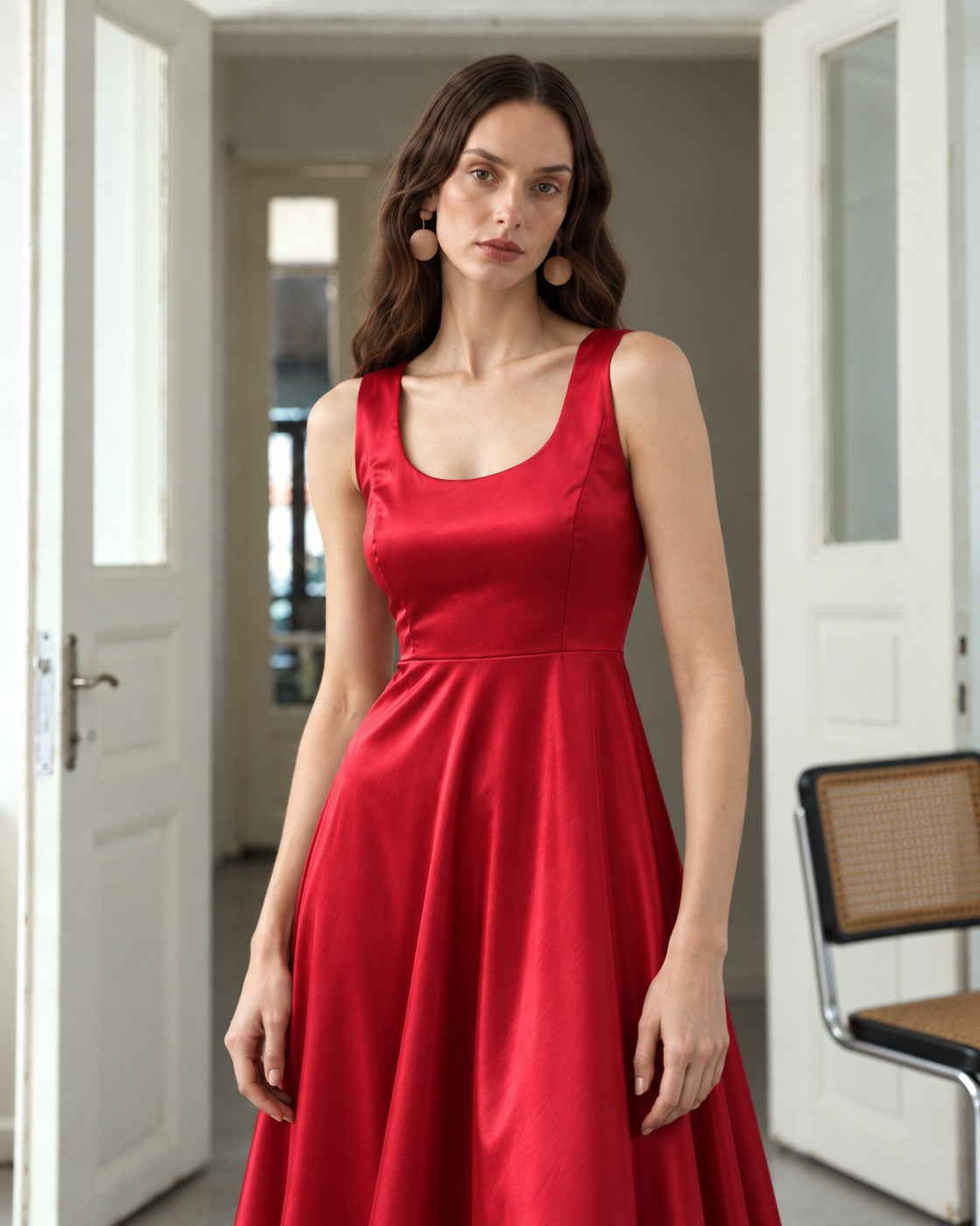 FARIKA Huma satin evening dress in Coral Red, front view