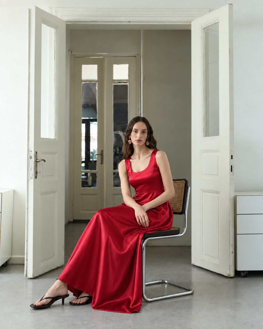 FARIKA Huma satin evening dress in Coral Red, alternate view