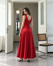 FARIKA Huma satin evening dress in Coral Red, second model front view