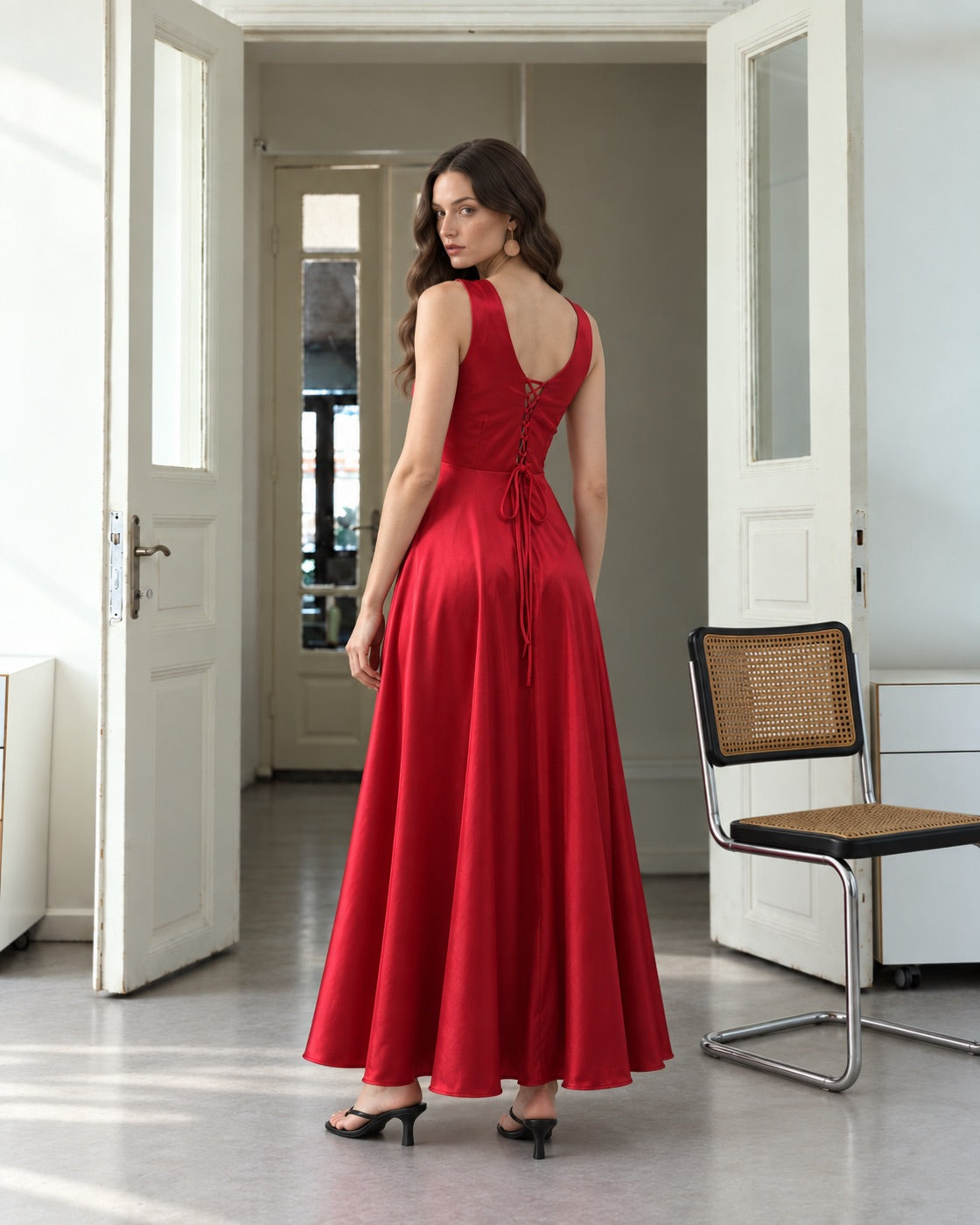 FARIKA Huma satin evening dress in Coral Red, second model front view