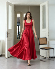 FARIKA Huma satin evening dress in Coral Red, second model alternate view