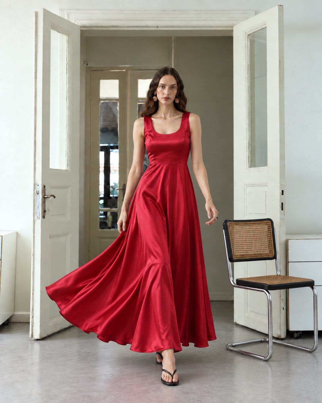 FARIKA Huma satin evening dress in Coral Red, second model alternate view
