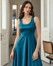 FARIKA Huma satin evening dress in Emerald Teal, front view