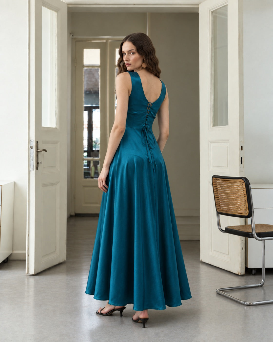 FARIKA Huma satin evening dress in Emerald Teal, second model front view