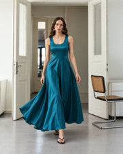 FARIKA Huma satin evening dress in Emerald Teal, second model alternate view