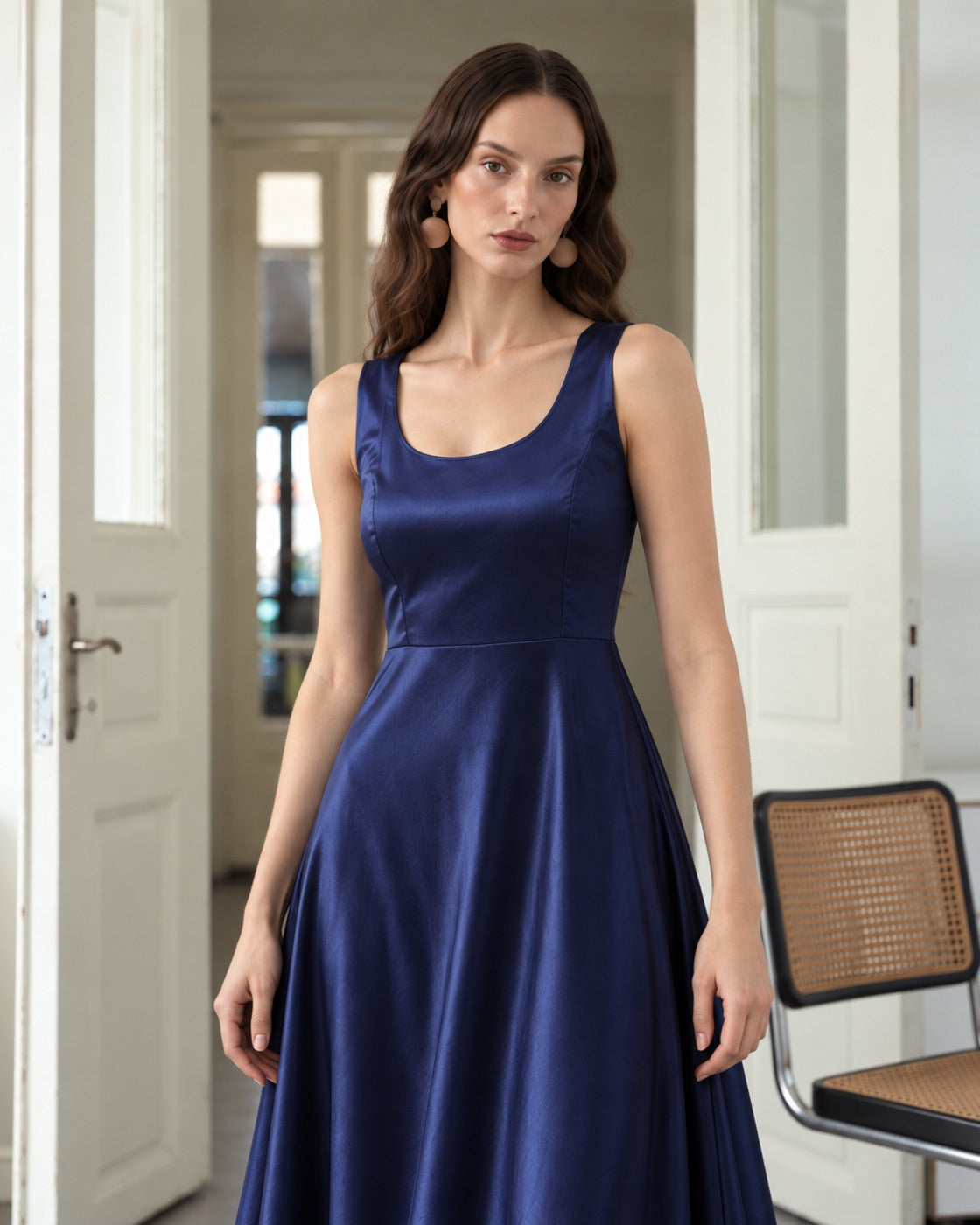 FARIKA Huma satin evening dress in Royal Navy, front view