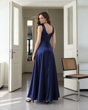 FARIKA Huma satin evening dress in Royal Navy, second model front view