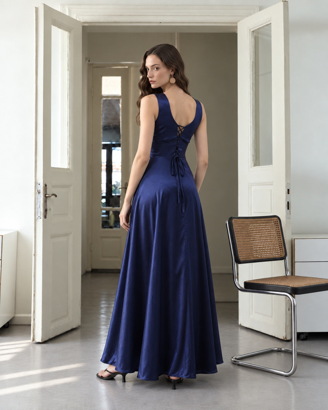 FARIKA Huma satin evening dress in Royal Navy, second model front view