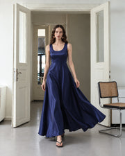 FARIKA Huma satin evening dress in Royal Navy, second model alternate view