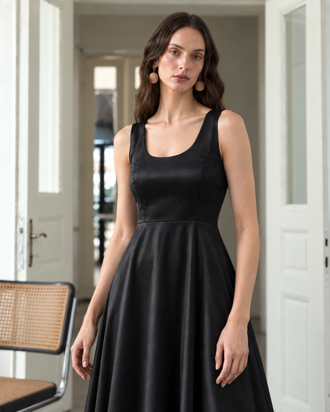 FARIKA Huma satin evening dress in Shadow Black, front view
