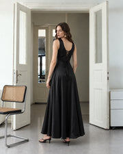FARIKA Huma satin evening dress in Shadow Black, second model front view