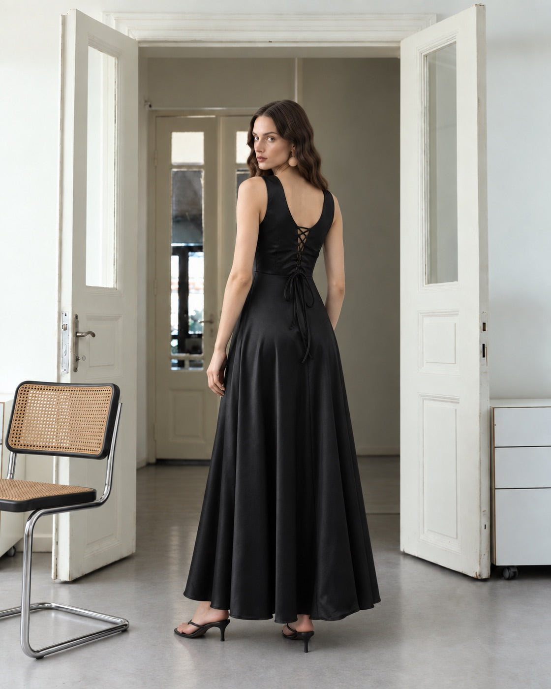 FARIKA Huma satin evening dress in Shadow Black, second model front view