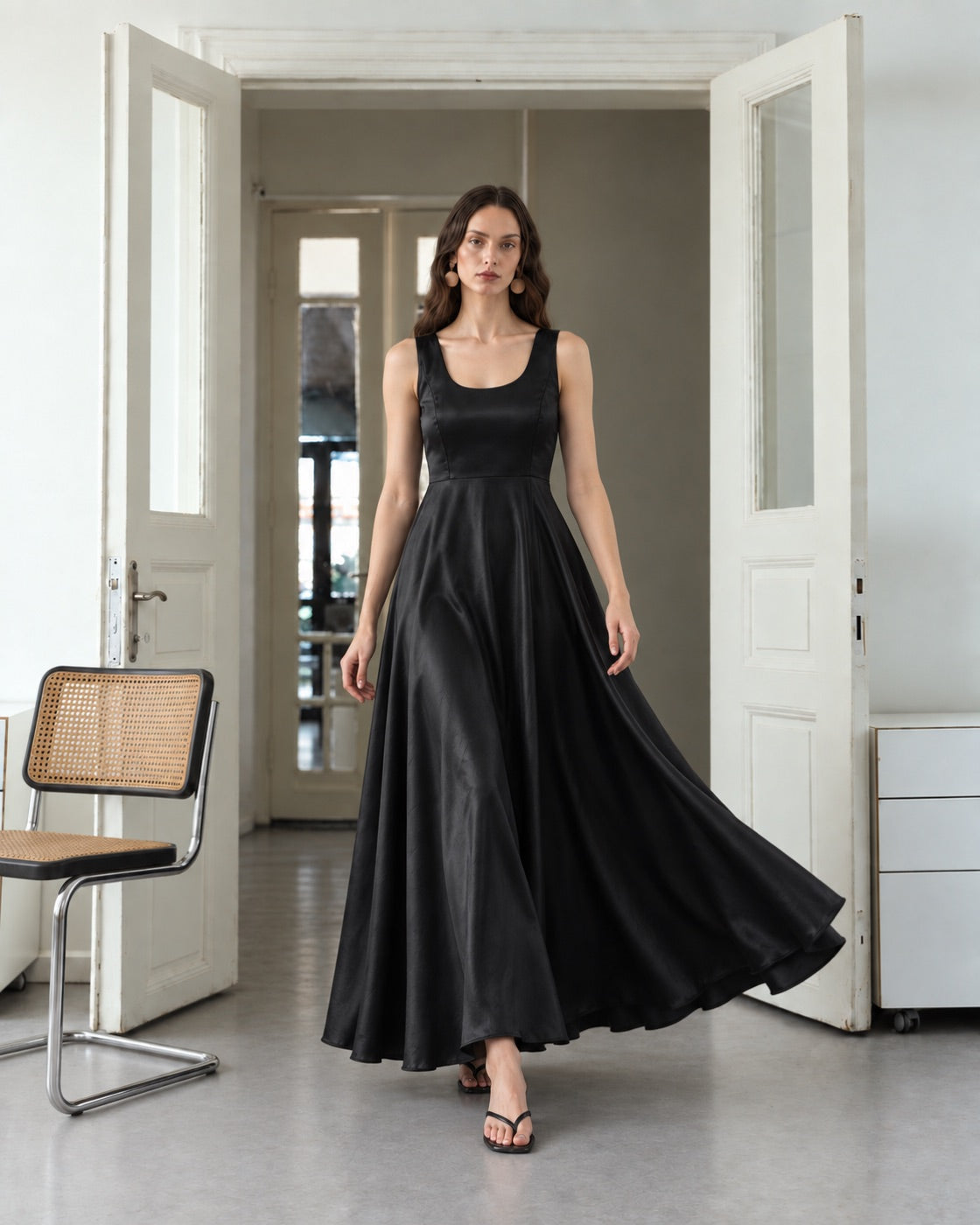 FARIKA Huma satin evening dress in Shadow Black, second model alternate view