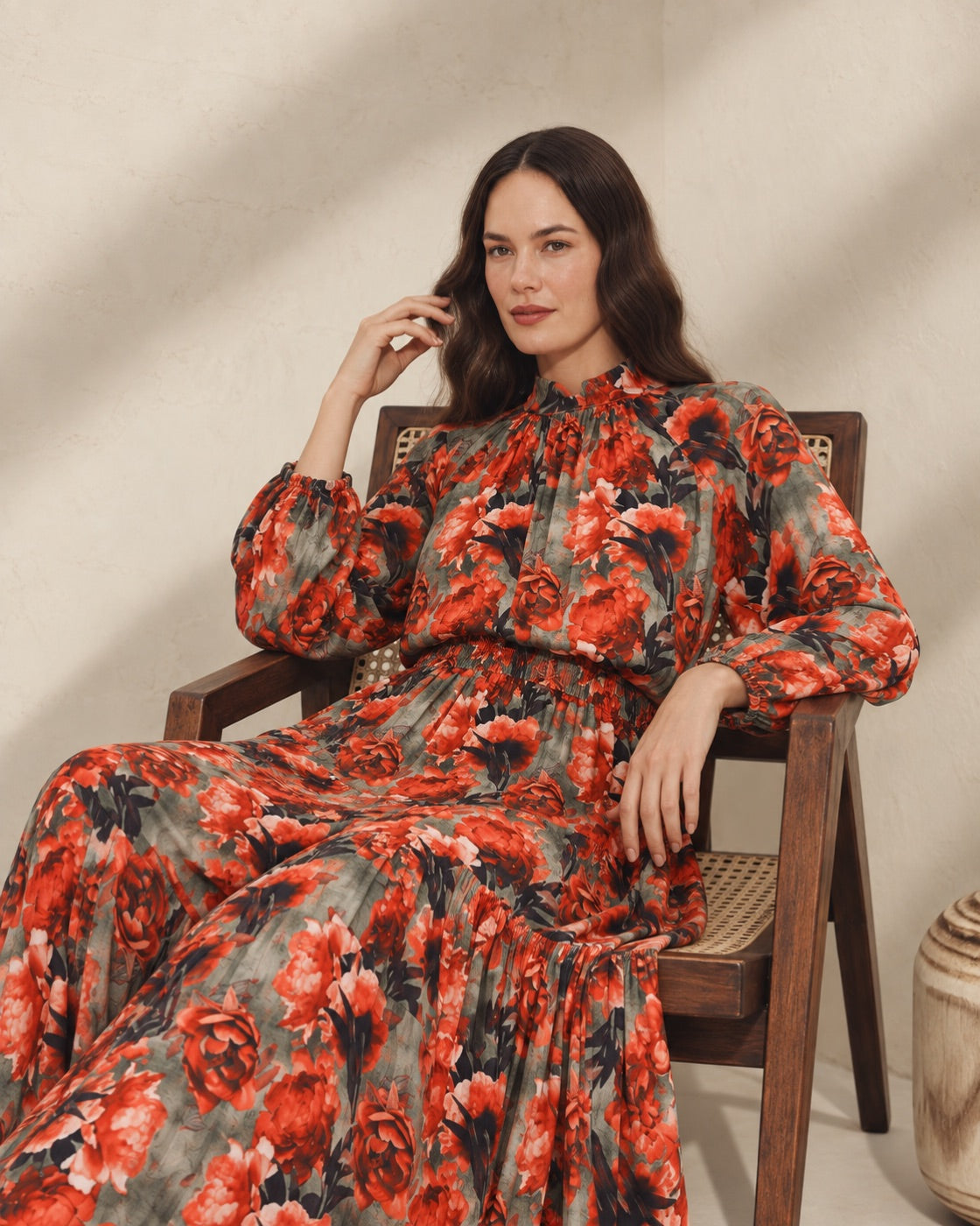 FARIKA Simurg patterned long dress in Charcoal Orange, front view