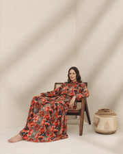 FARIKA Simurg patterned long dress in Charcoal Orange, second model view