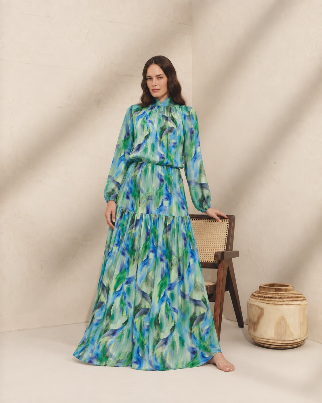 FARIKA Simurg patterned long dress in Ember Bloom, second model front view