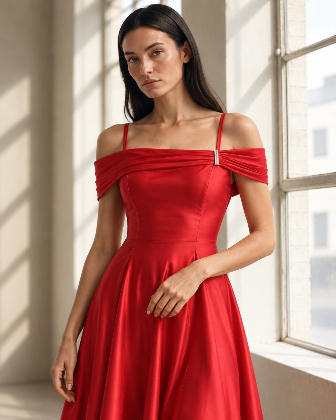 FARIKA Turgay satin dress in Coral Red, front editorial view