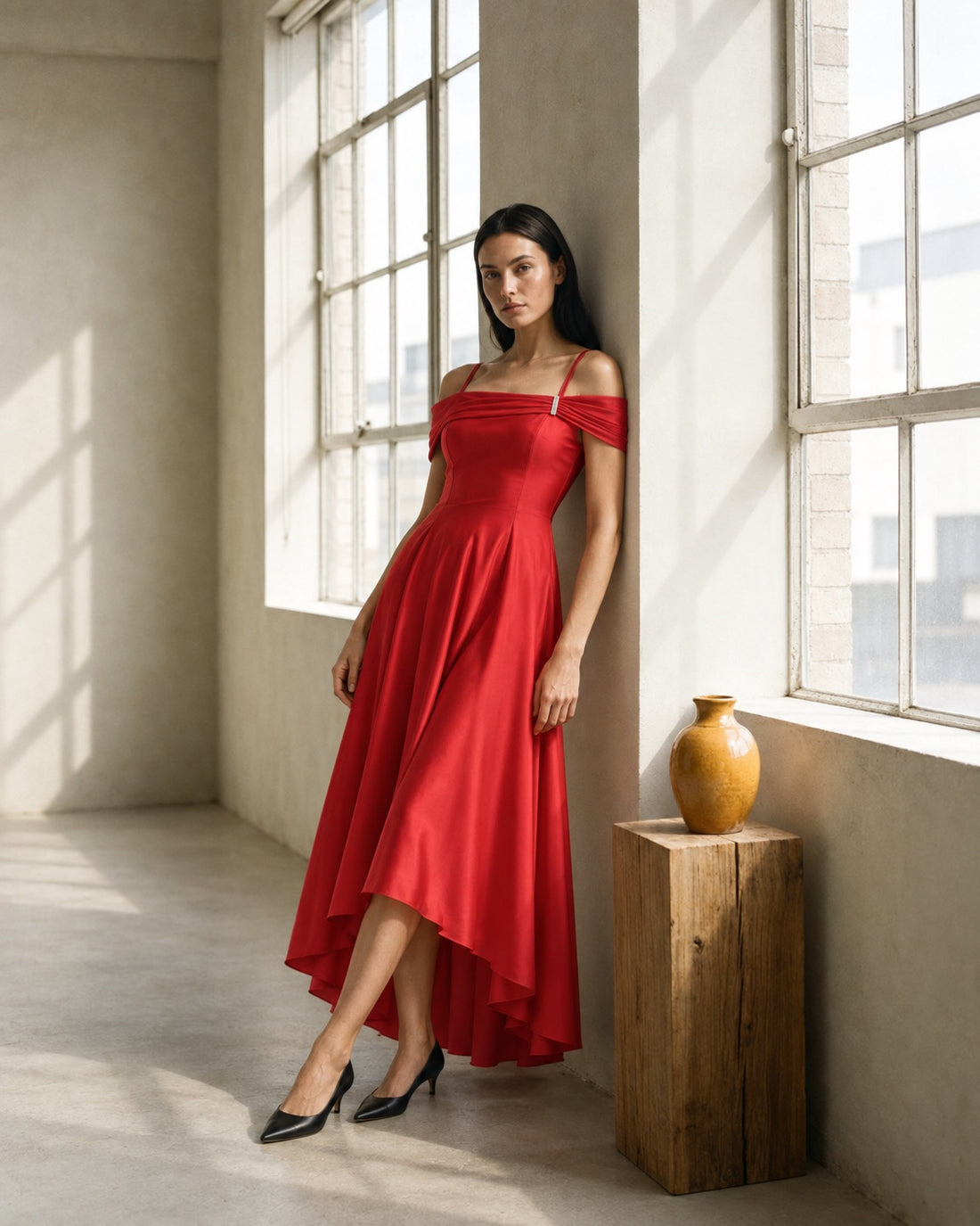 FARIKA Turgay satin dress in Coral Red, alternate editorial view