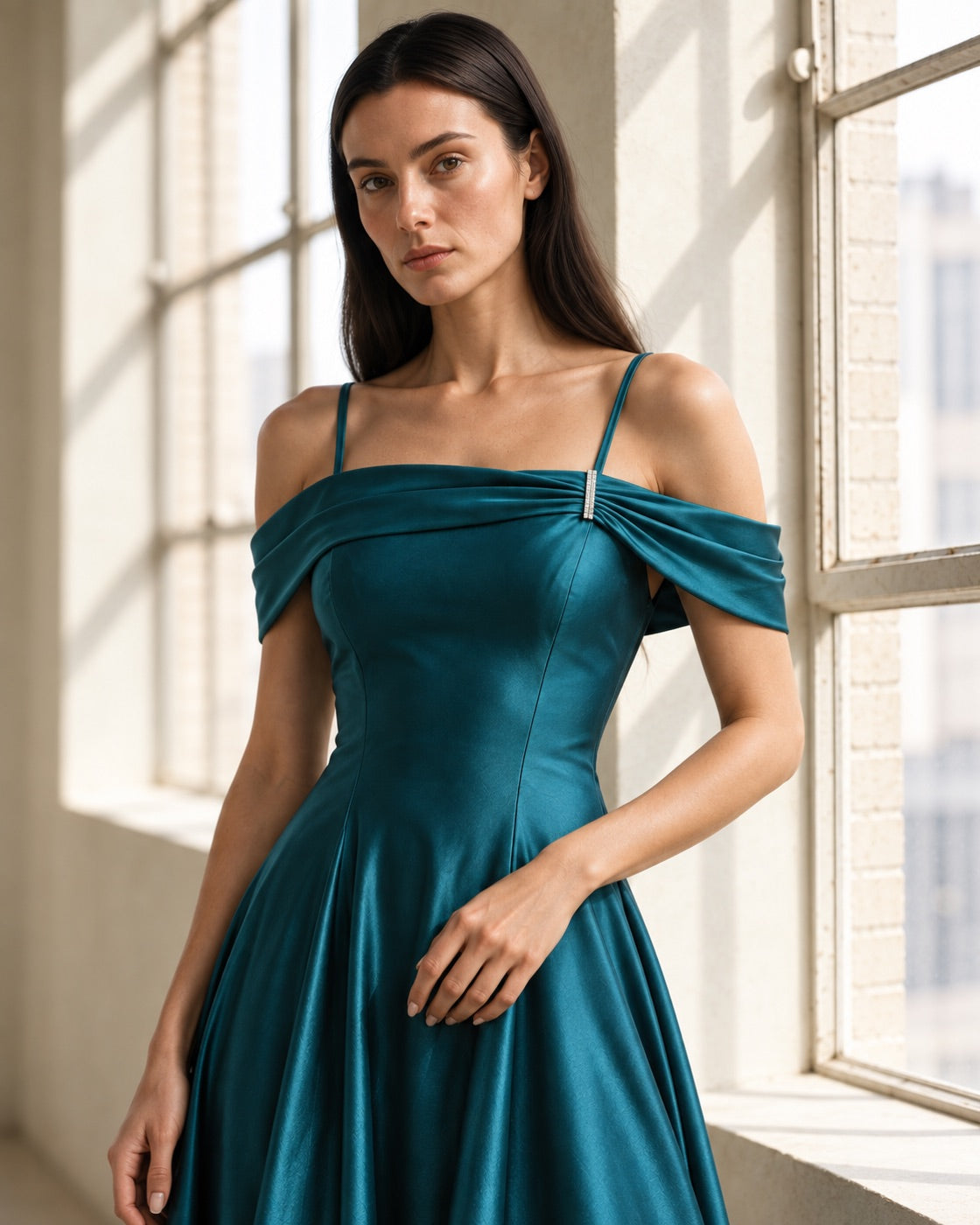 FARIKA Turgay satin dress in Emerald Teal, front editorial view