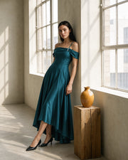 FARIKA Turgay satin dress in Emerald Teal, alternate editorial view