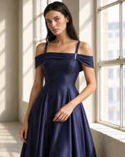 FARIKA Turgay satin dress in Royal Navy, front editorial view