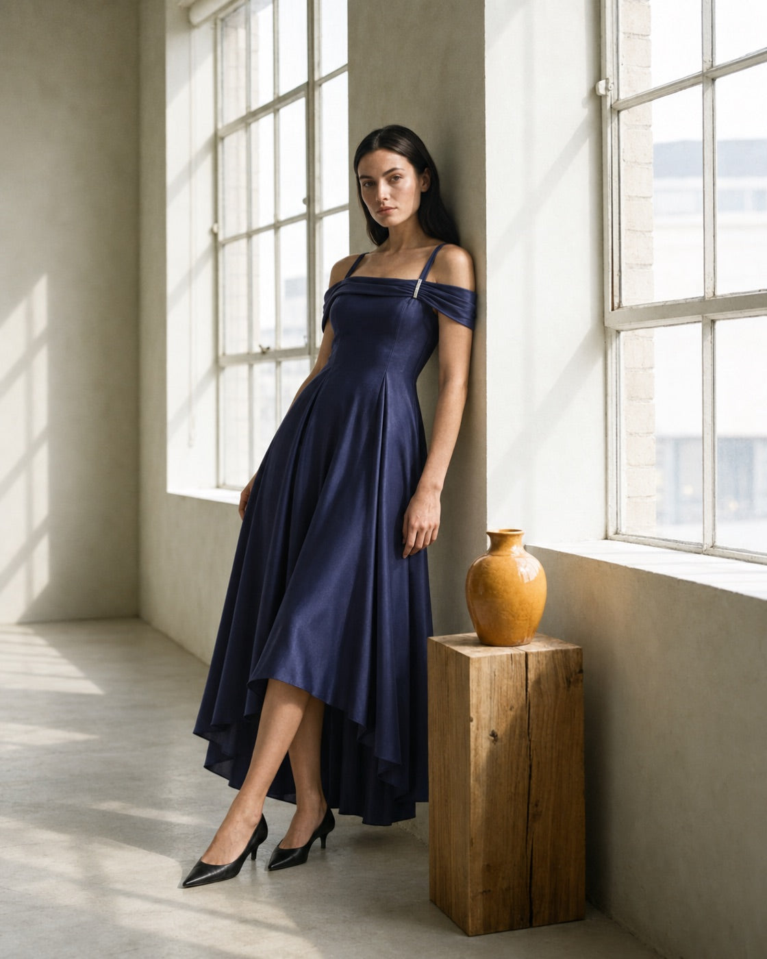 FARIKA Turgay satin dress in Royal Navy, alternate editorial view