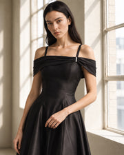 FARIKA Turgay satin dress in Shadow Black, front editorial view