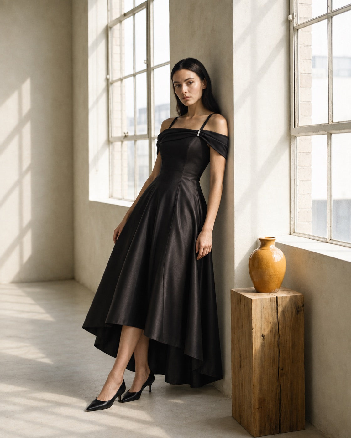 FARIKA Turgay satin dress in Shadow Black, alternate editorial view