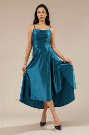 FARIKA Hezar satin dress in Bosphorus Teal, front view