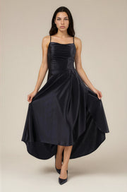 FARIKA Hezar satin dress in Midnight Black, front view