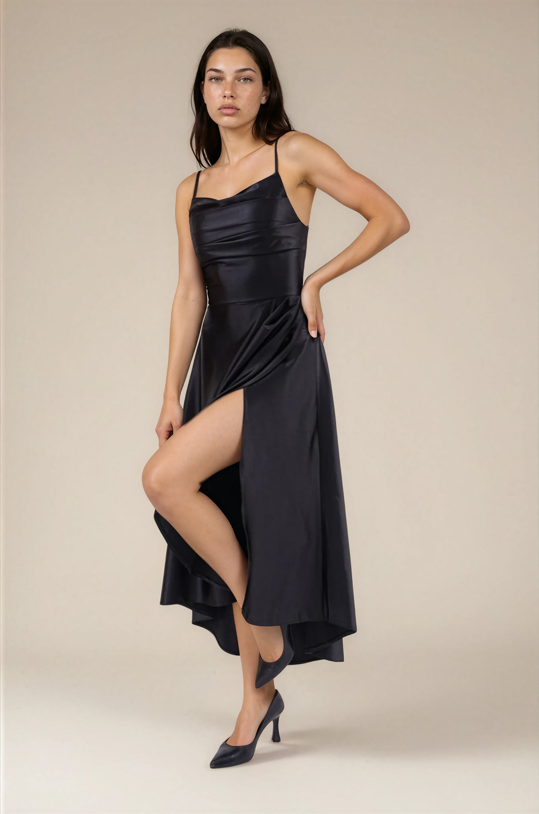 FARIKA Hezar satin dress in Midnight Black, alternate view