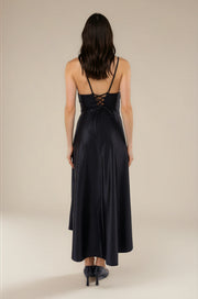 FARIKA Hezar satin dress in Midnight Black, detail view