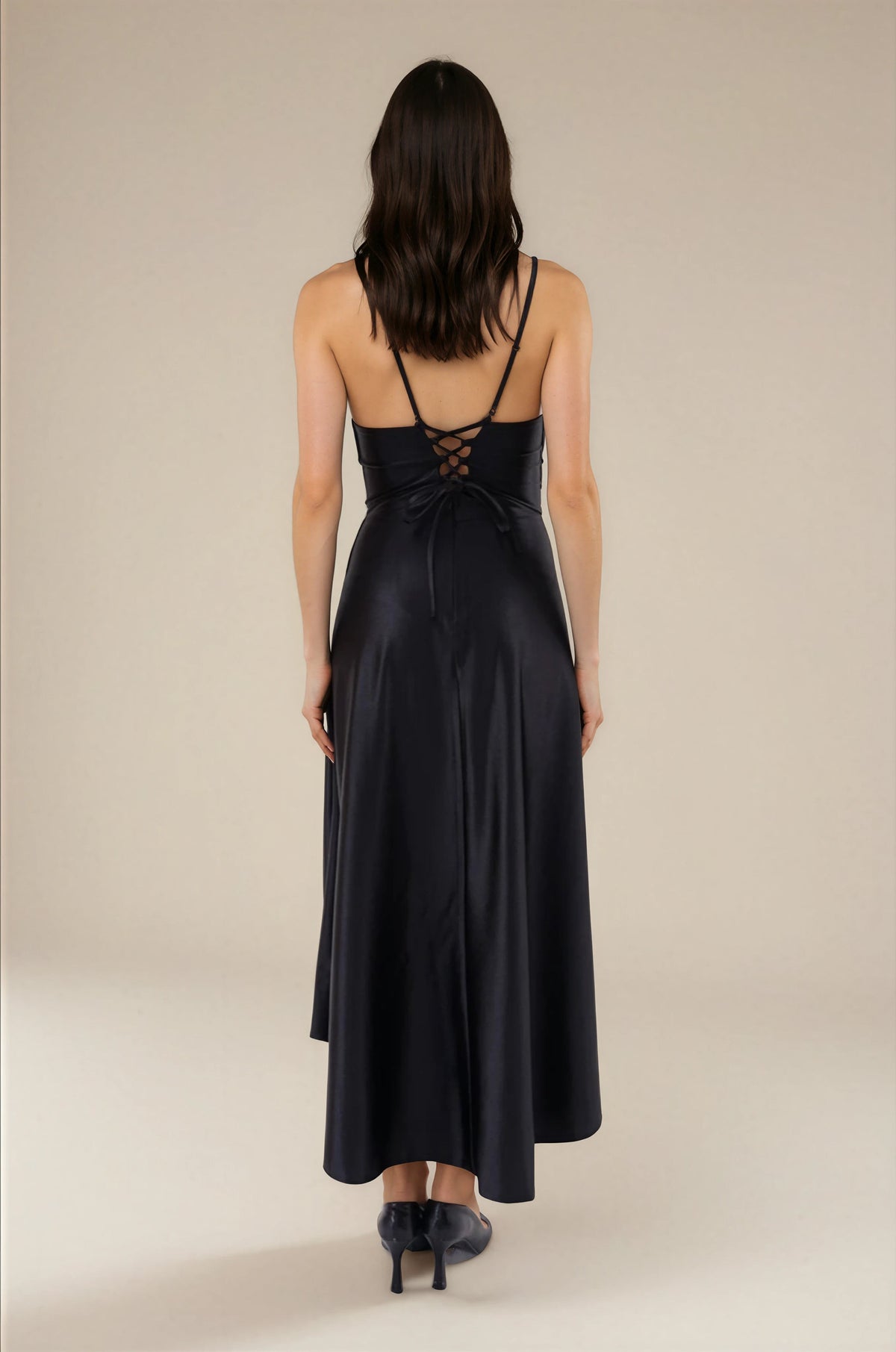 FARIKA Hezar satin dress in Midnight Black, detail view