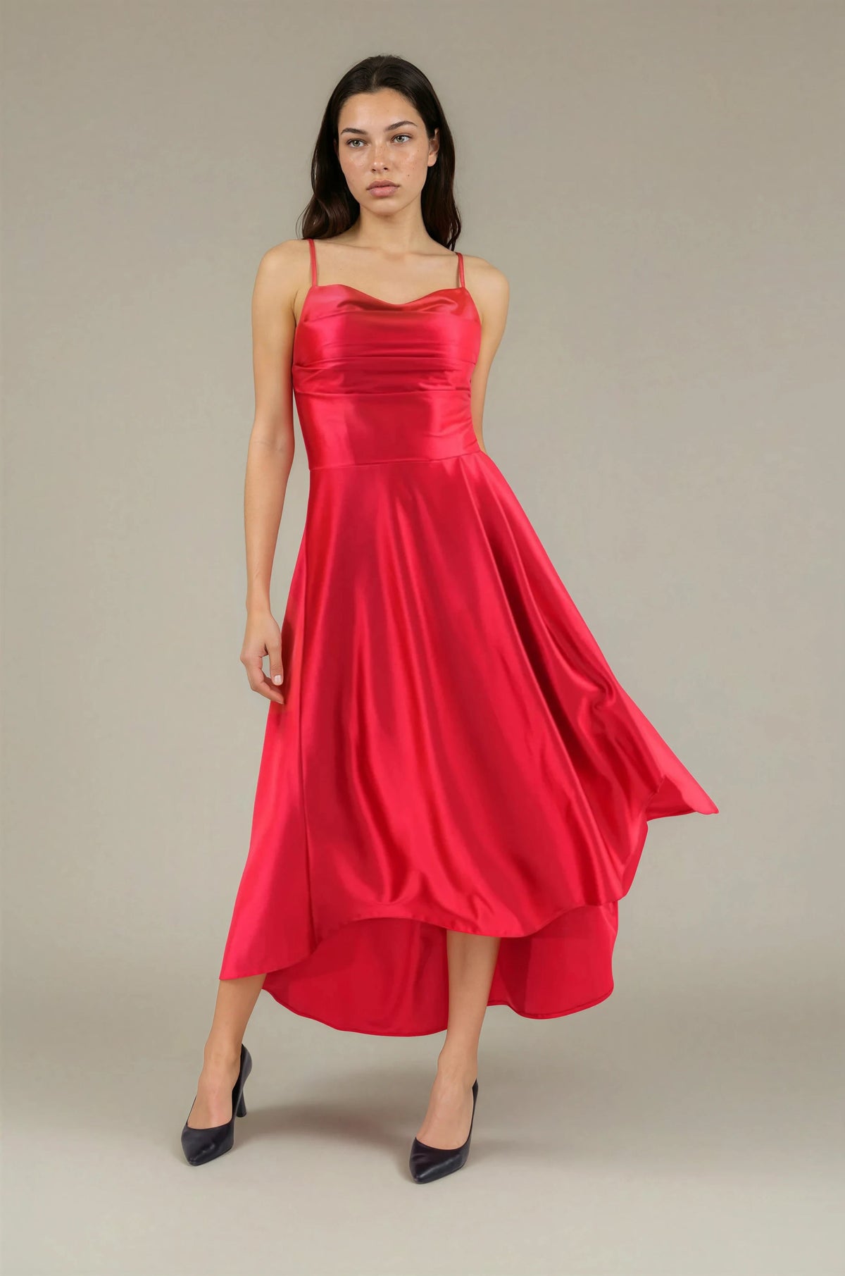 FARIKA Hezar satin dress in Pomegranate Red, front view