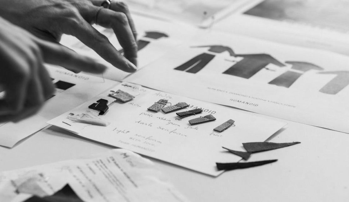 Fashion design development with sketches and fabric swatches