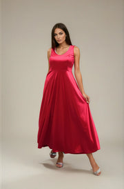 FARIKA Huma satin evening dress in Coral Red, front view