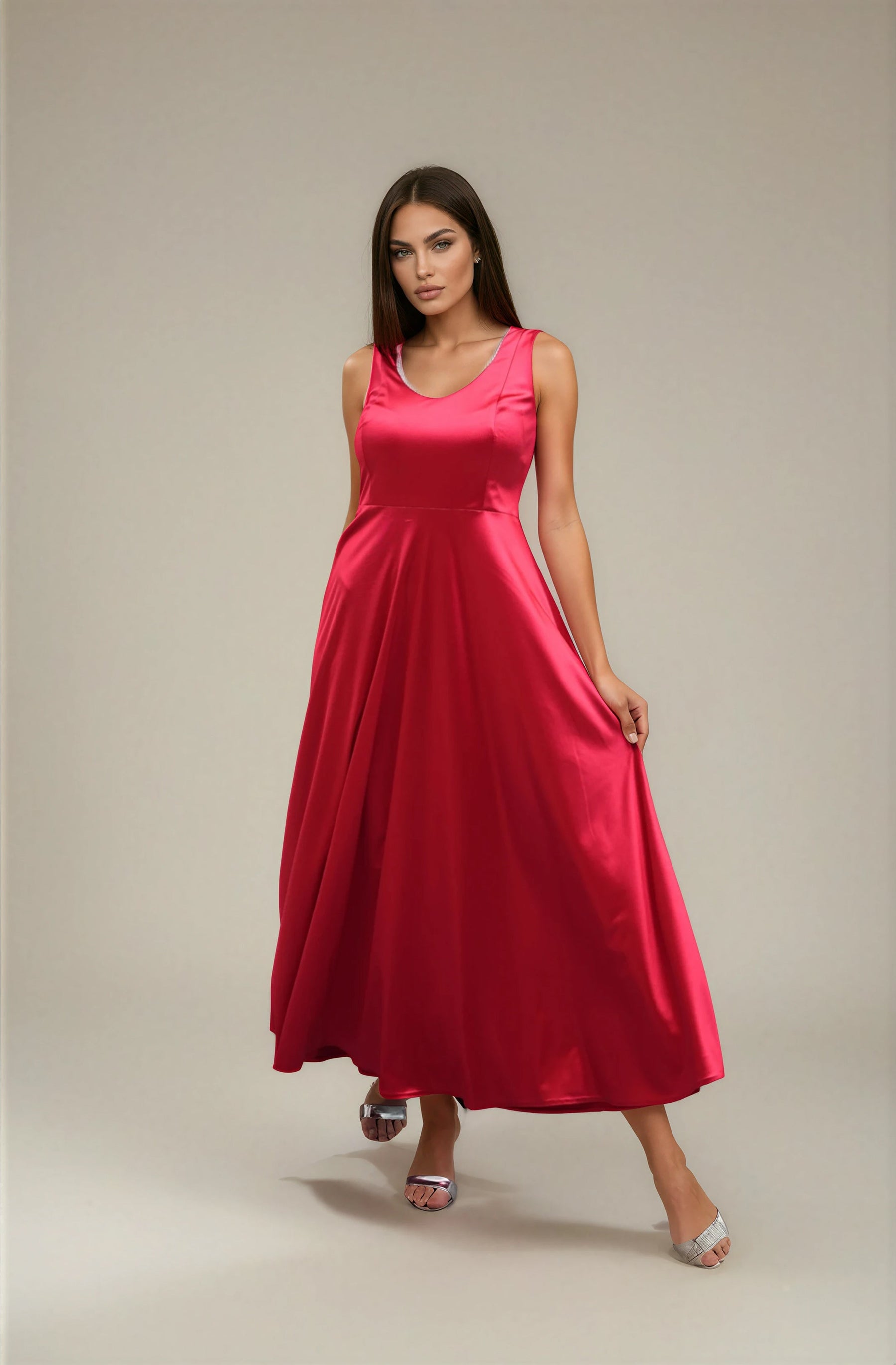 FARIKA Huma satin evening dress in Coral Red, front view
