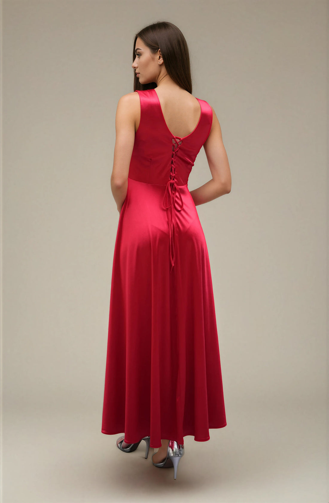 FARIKA Huma satin evening dress in Coral Red, alternate view