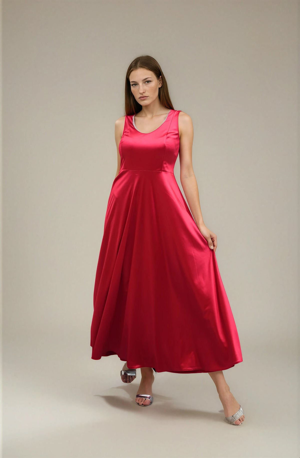 FARIKA Huma satin evening dress in Coral Red, second model front view