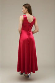 FARIKA Huma satin evening dress in Coral Red, second model alternate view