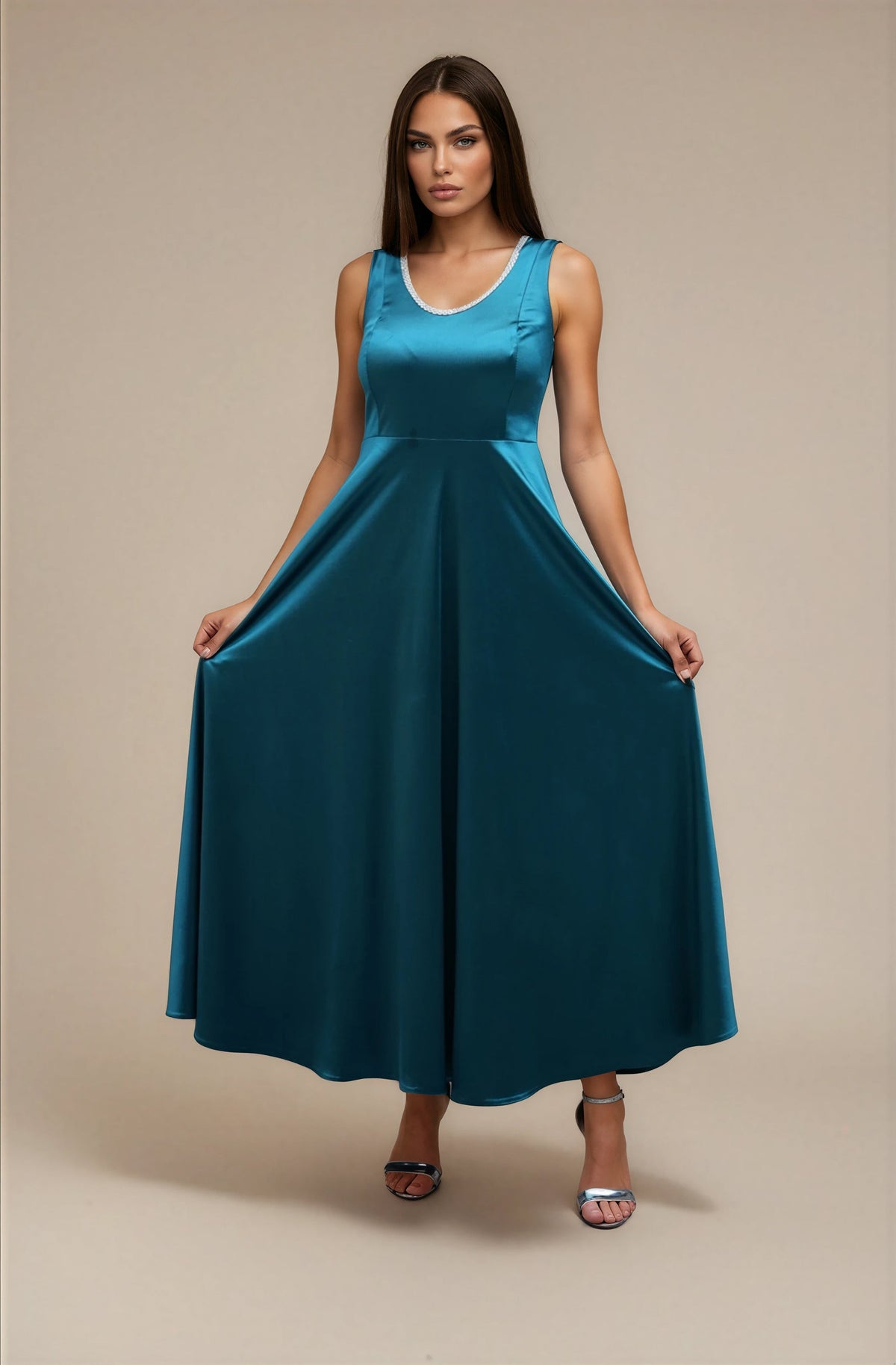 FARIKA Huma satin evening dress in Emerald Teal, front view