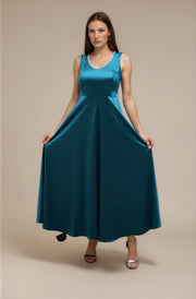 FARIKA Huma satin evening dress in Emerald Teal, second model front view