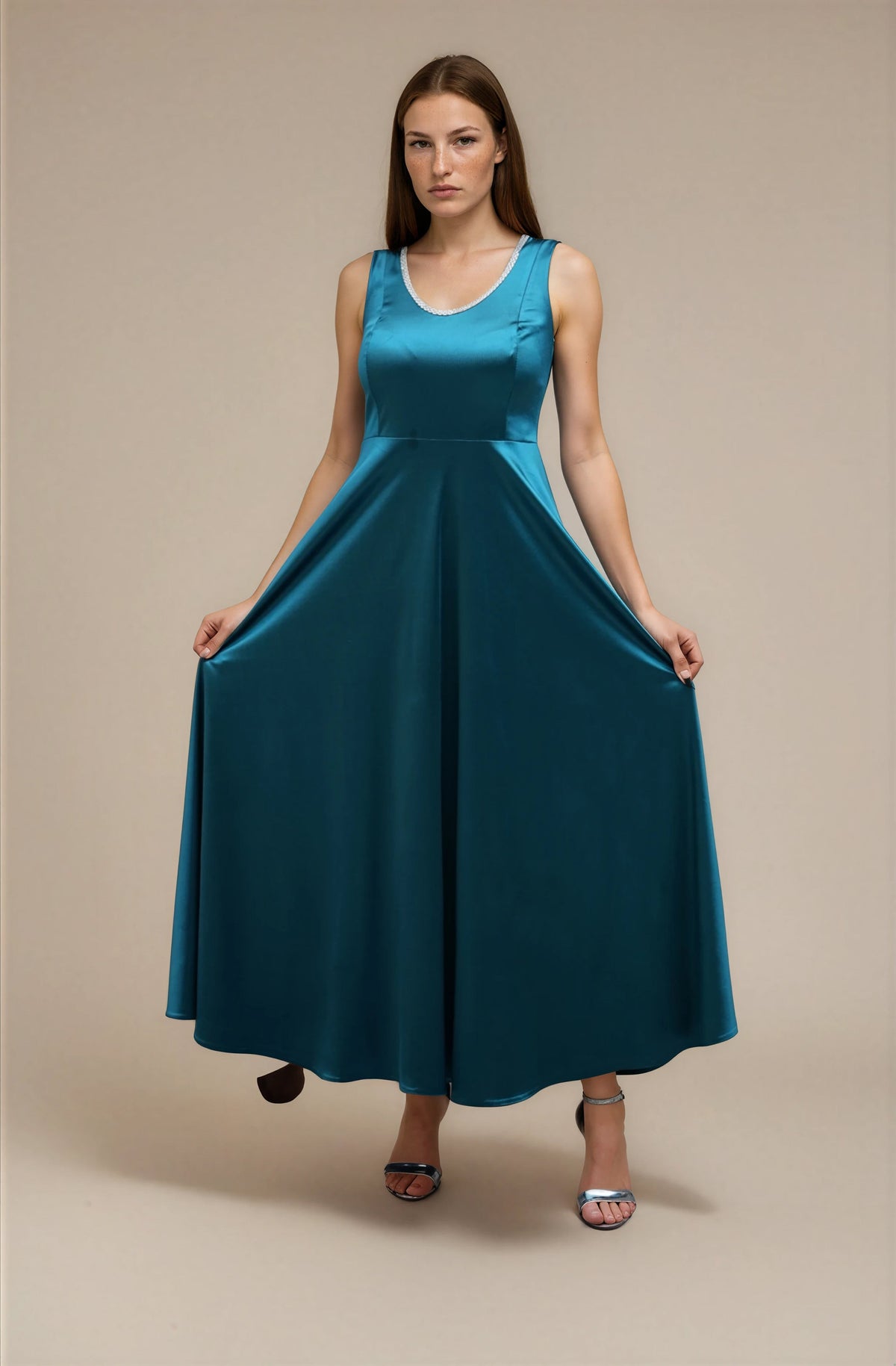 FARIKA Huma satin evening dress in Emerald Teal, second model front view