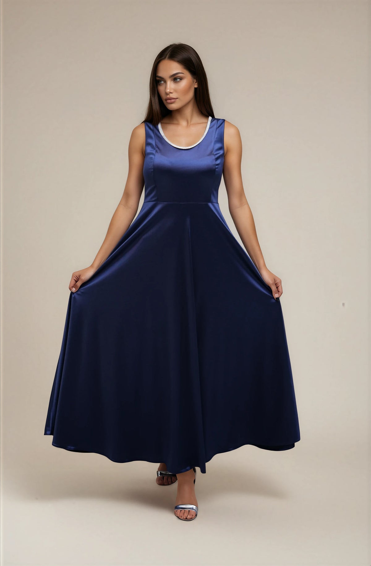 FARIKA Huma satin evening dress in Royal Navy, front view